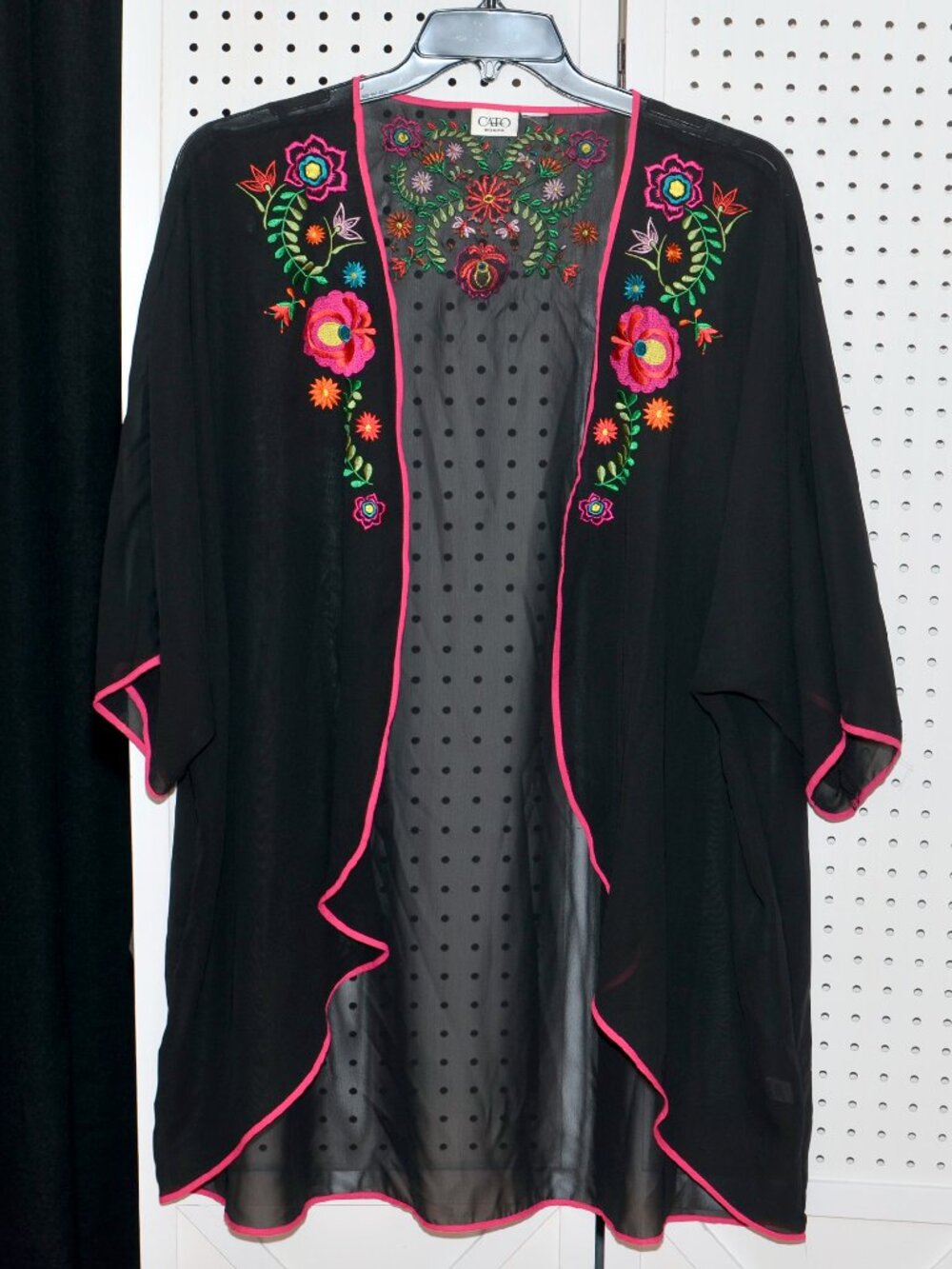 Cato Sheer Black Embroidered Floral Open Front Kimono Cardigan / Swim Coverup